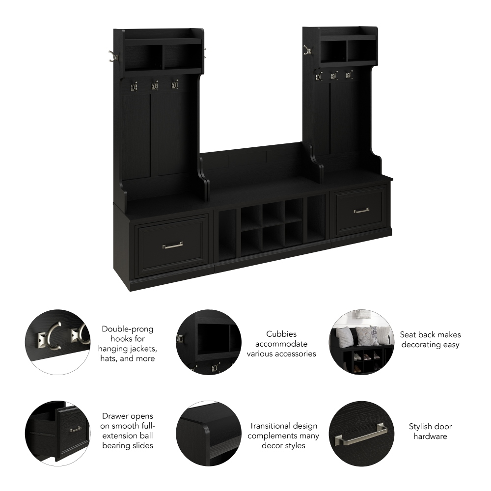 Shop Bush Furniture Woodland Entryway Storage Set with Hall Trees and Shoe Bench with Drawers, Image 07, WDL012BS, #color_black suede oak