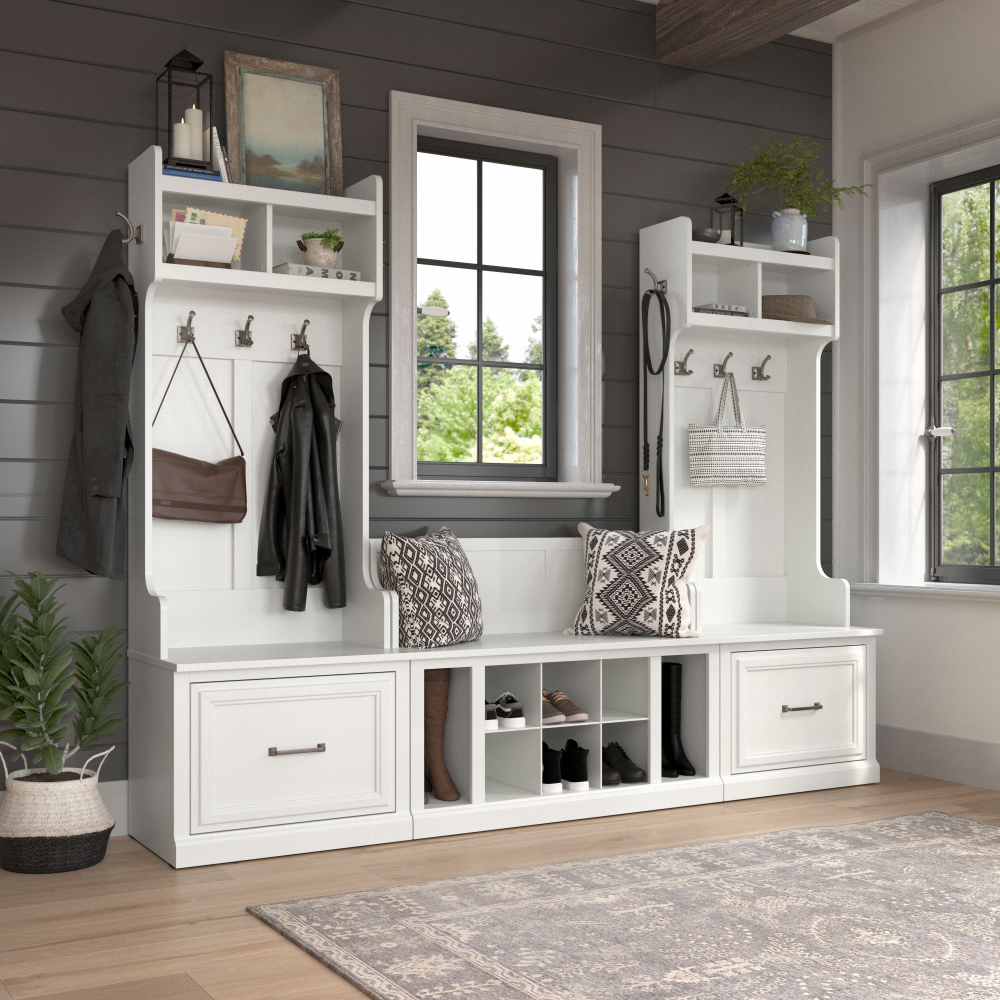 Shop Bush Furniture Woodland Entryway Storage Set with Hall Trees and Shoe Bench with Drawers, Image 01, WDL012WAS, #color_white ash