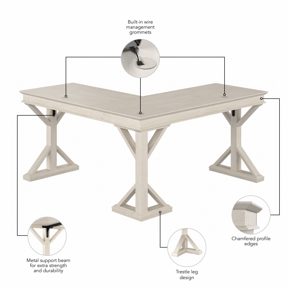 Shop Bush Furniture Homestead 60W Farmhouse L Shaped Desk, Image 07, HOD160LW-03K, #color_linen white oak
