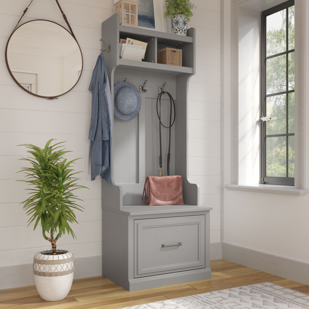 Shop Bush Furniture Woodland 24W Hall Tree and Small Shoe Bench with Drawer, Image 01, WDL007CG, #color_cape cod gray