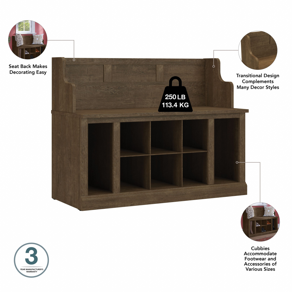 Shop Bush Furniture Woodland Entryway Storage Set with Hall Trees and Shoe Bench with Drawers, Image 07, WDL012ABR, #color_ash brown