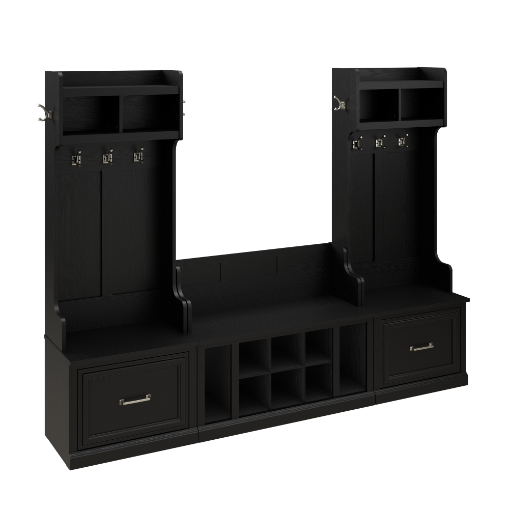 Shop Bush Furniture Woodland Entryway Storage Set with Hall Trees and Shoe Bench with Drawers, Image 02, WDL012BS, #color_black suede oak