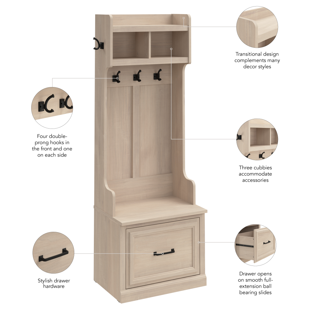 Shop Bush Furniture Woodland 24W Hall Tree and Small Shoe Bench with Drawer, Image 07, WDL007WM, #color_white washed maple