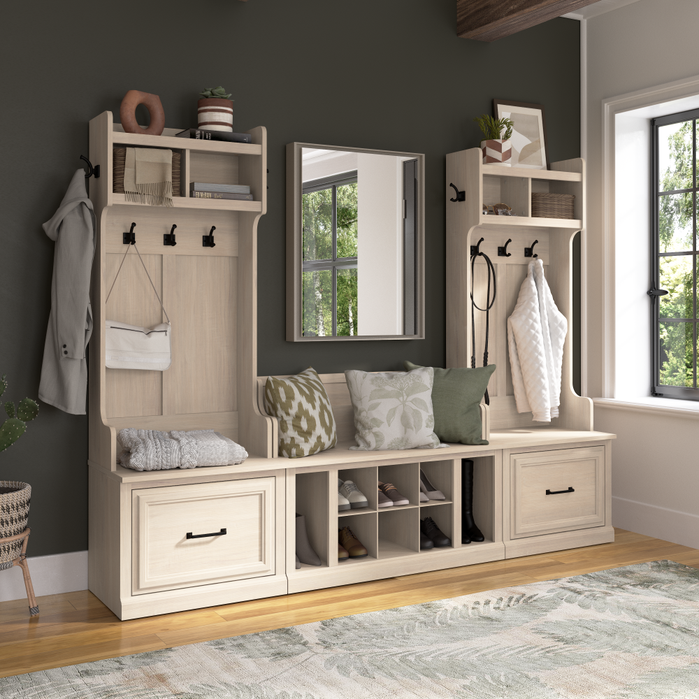 Shop Bush Furniture Woodland Entryway Storage Set with Hall Trees and Shoe Bench with Drawers, Image 01, WDL012WM, #color_white washed maple