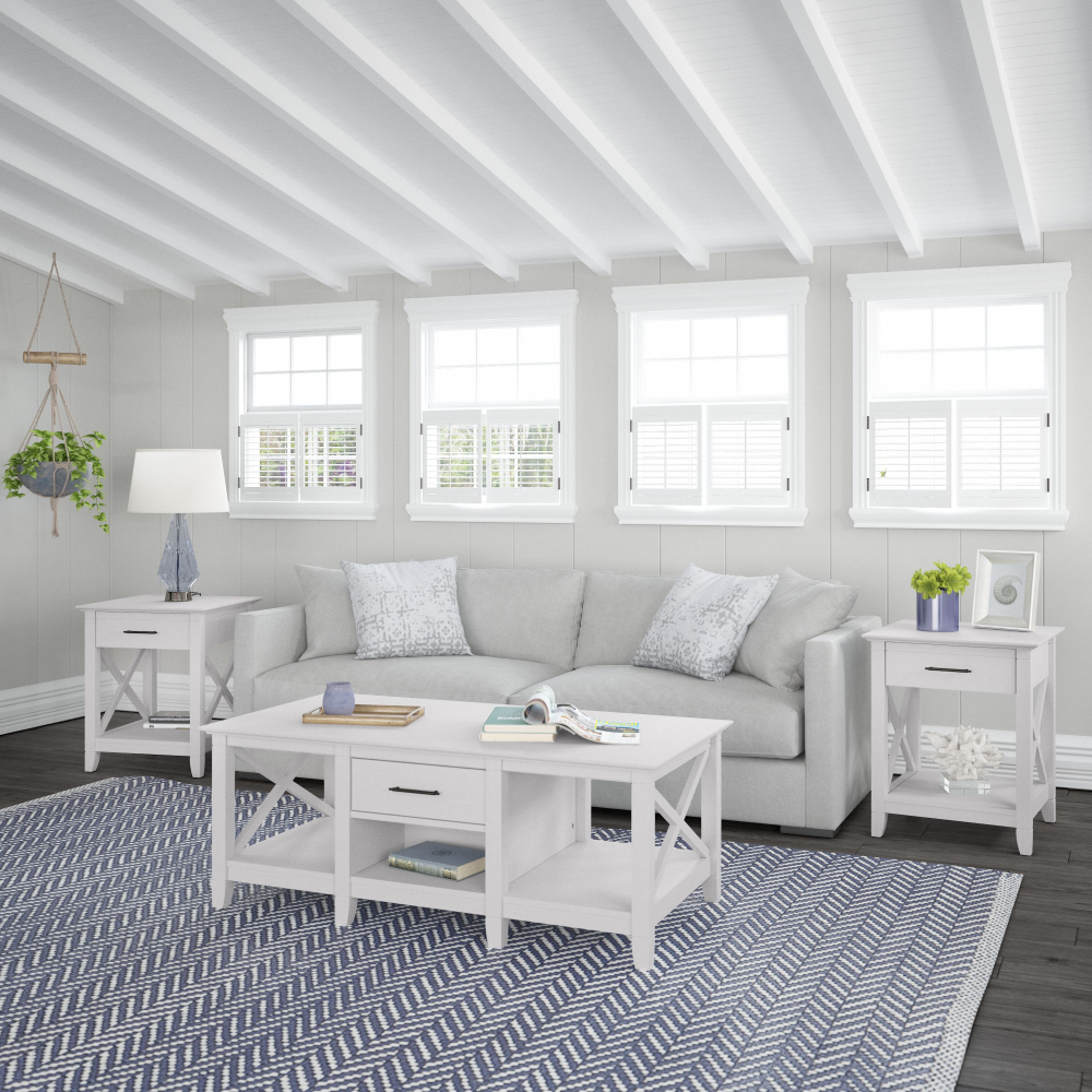 Shop Bush Furniture Key West Coffee Table with Set of 2 End Tables, Image 01, KWS023WT, #color_pure white oak