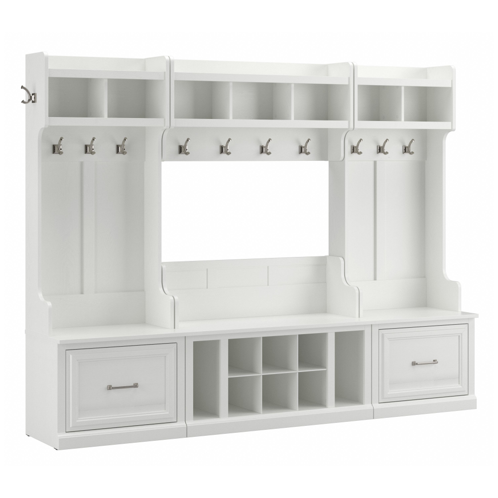 Shop Bush Furniture Woodland Full Entryway Storage Set with Coat Rack and Shoe Bench with Drawers, Image 02, WDL014WAS, #color_white ash