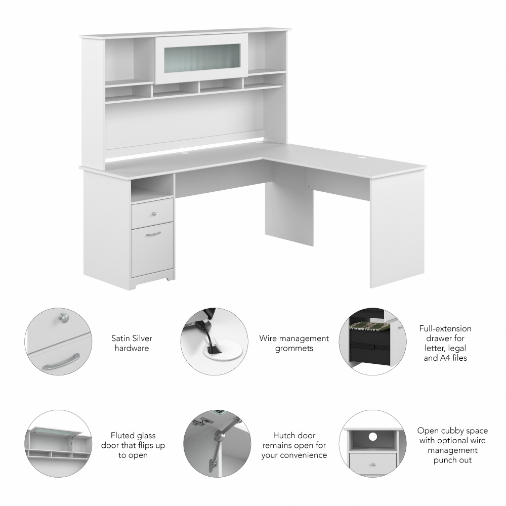Shop Bush Furniture Cabot 72W L Shaped Computer Desk with Hutch and Drawers, Image 06, CAB053WHN, #color_white