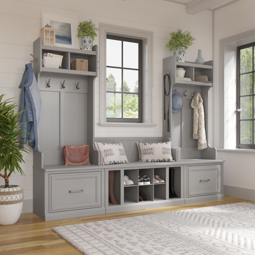 Shop Bush Furniture Woodland Entryway Storage Set with Hall Trees and Shoe Bench with Drawers, Image 01, WDL012CG, #color_cape cod gray