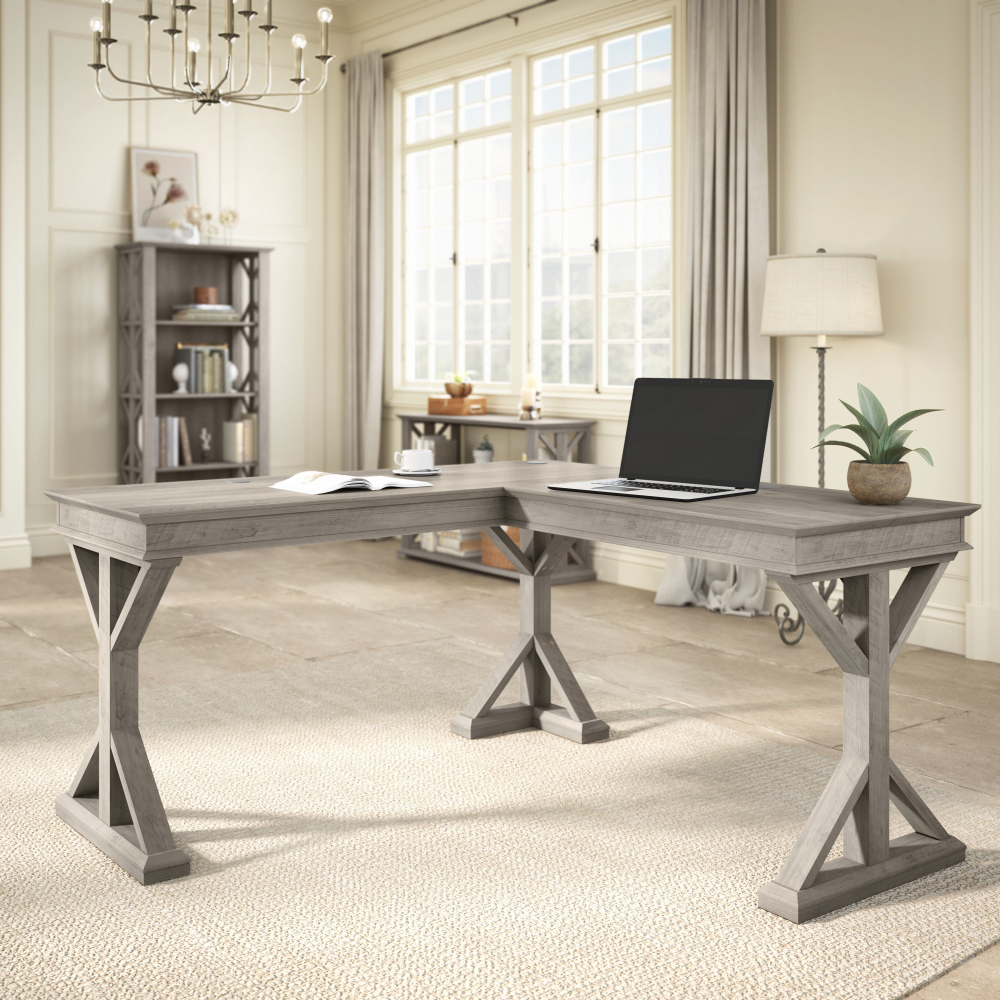 Shop Bush Furniture Homestead 60W Farmhouse L Shaped Desk, Image 01, HOD160DG-03K, #color_driftwood gray