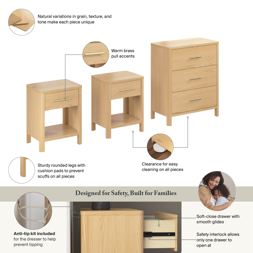 Bush Home Vera 3 Drawer Dresser with Set of 2 Nightstands - Thumbnail 4