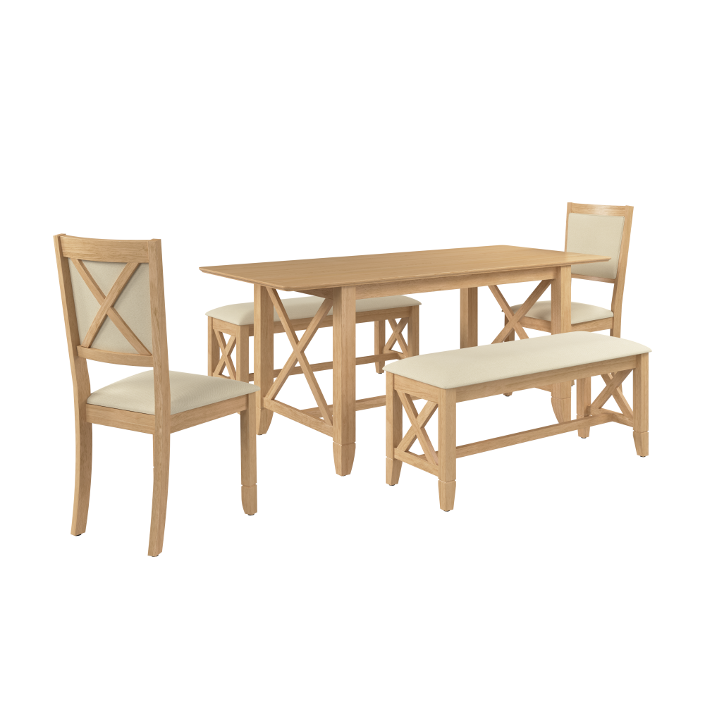 Shop Bush Home Key West 70W Cross Base Dining Table with 2 Upholstered Cross Back Chairs and 2 Benches, Image 02, KWS114BO, #color_blonde oak/bright beige