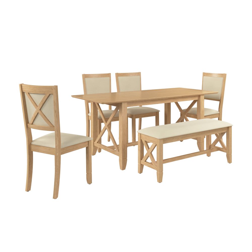 Shop Bush Home Key West 70W Cross Base Dining Table with 4 Upholstered Cross Back Chairs and 1 Bench, Image 02, KWS115BO, #color_blonde oak/bright beige