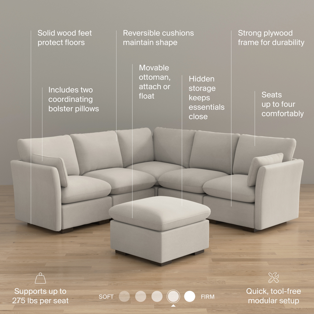 Shop Bush Home Sienna Modular 4-Seater Sectional with Storage Ottoman, Image 08, SNA005MTW, #color_mist taupe