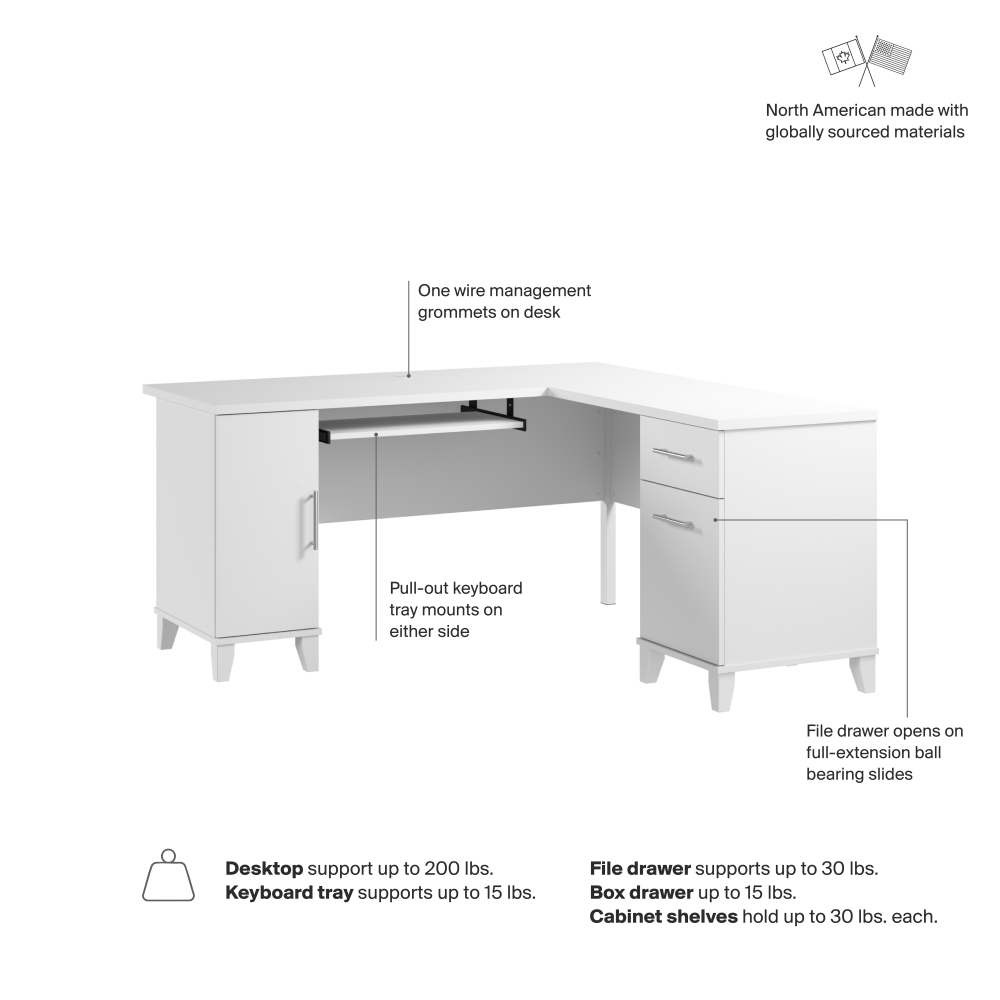 Shop Bush Home Somerset 60W L Shaped Desk with Storage, Image 07, WC81930K, #color_white