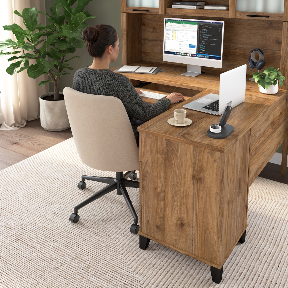 Shop Bush Home Somerset 60W L Shaped Desk with Hutch, Image 03, SET002FW, #color_fresh walnut