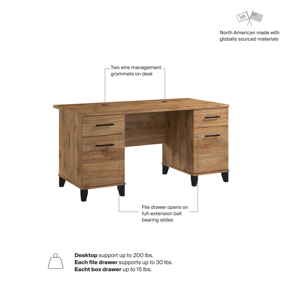 Shop Bush Home Somerset 60W Office Desk with Drawers, Image 06, WC81328K, #color_fresh walnut