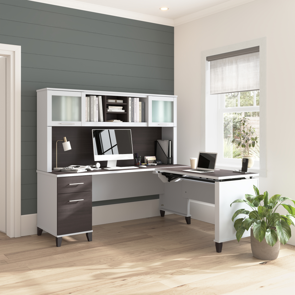 Shop Bush Home Somerset 72W L-Shaped Sit to Stand Desk with Hutch, Image 01, SET015SGWH, #color_storm gray/white
