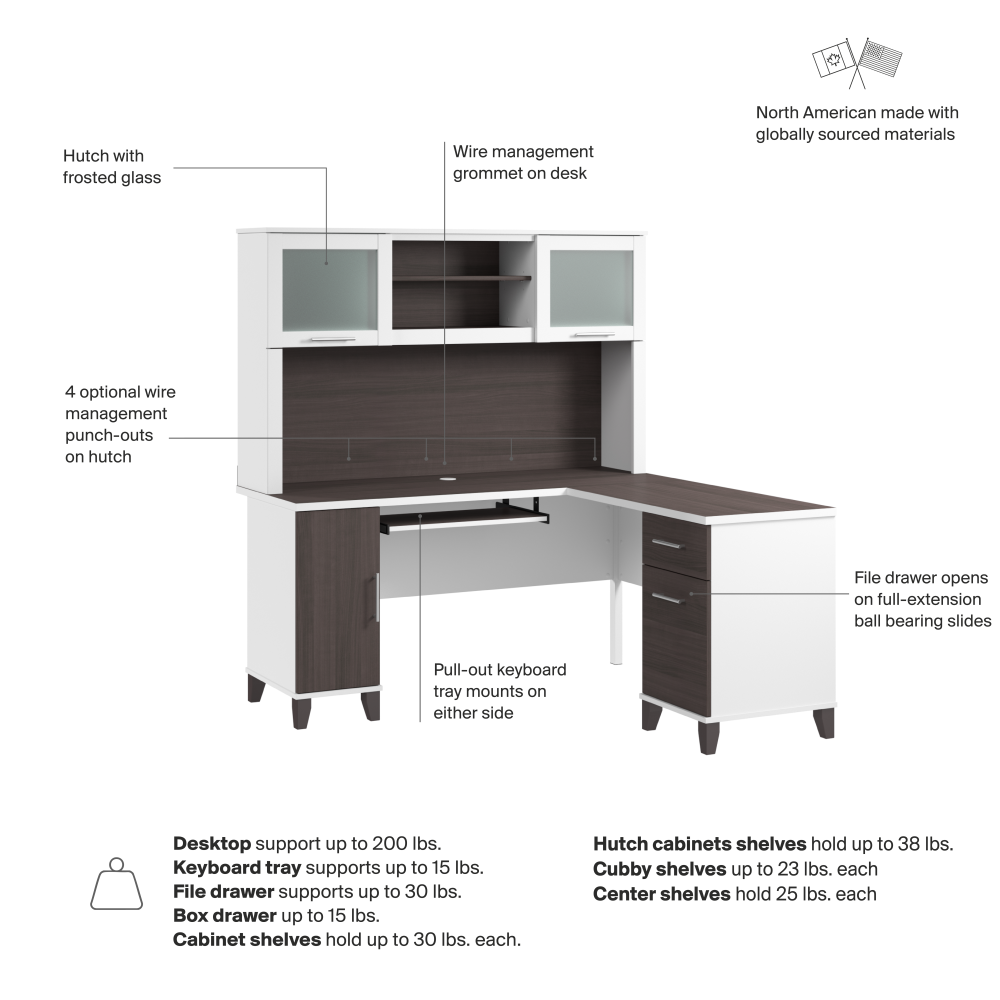Shop Bush Home Somerset 60W L Shaped Desk with Hutch, Image 07, SET002SGWH, #color_storm gray/white