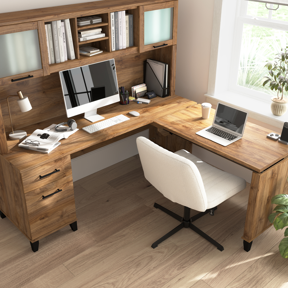 Shop Bush Home Somerset 72W L-Shaped Sit to Stand Desk with Hutch, Image 06, SET015FW, #color_fresh walnut