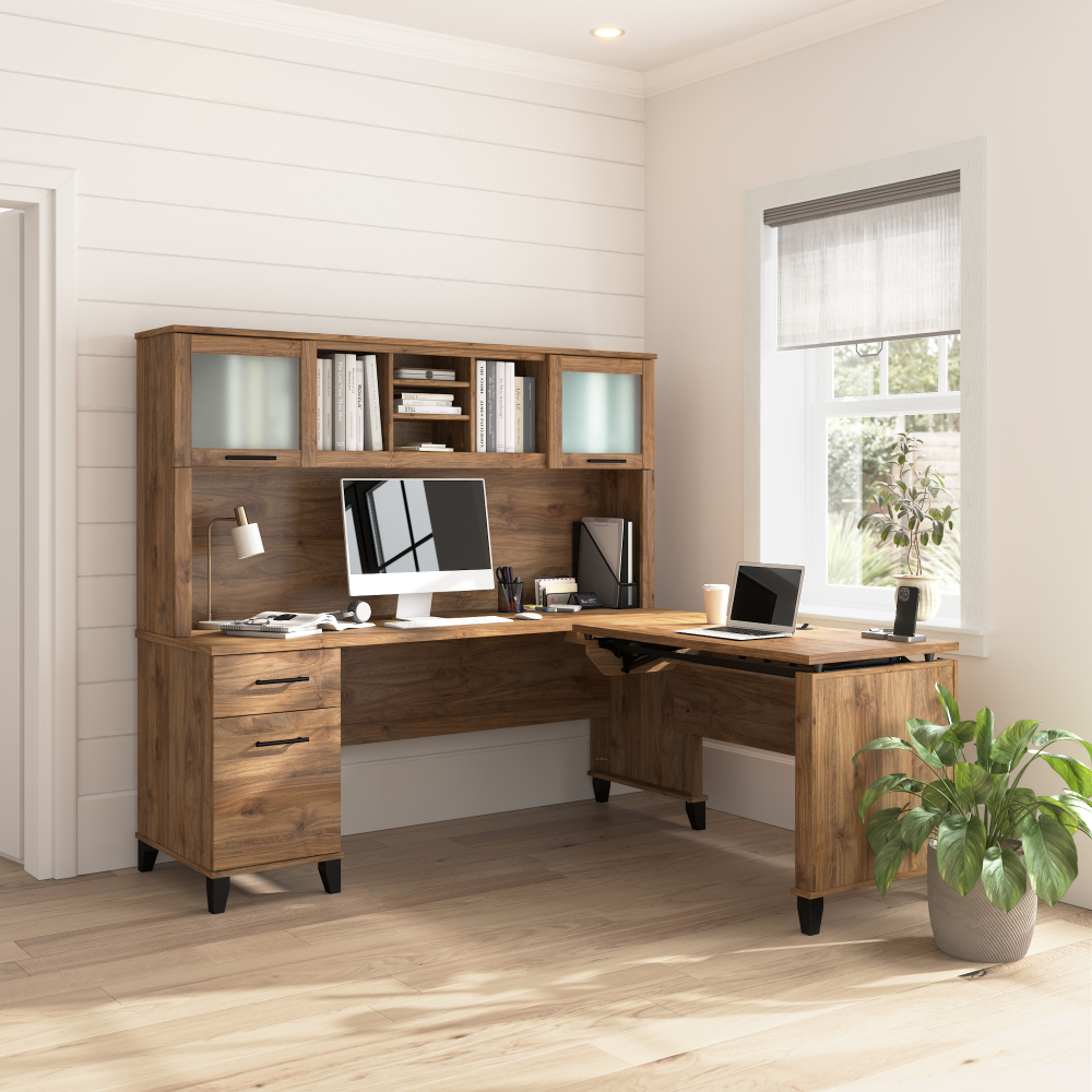Shop Bush Home Somerset 72W L-Shaped Sit to Stand Desk with Hutch, Image 01, SET015FW, #color_fresh walnut