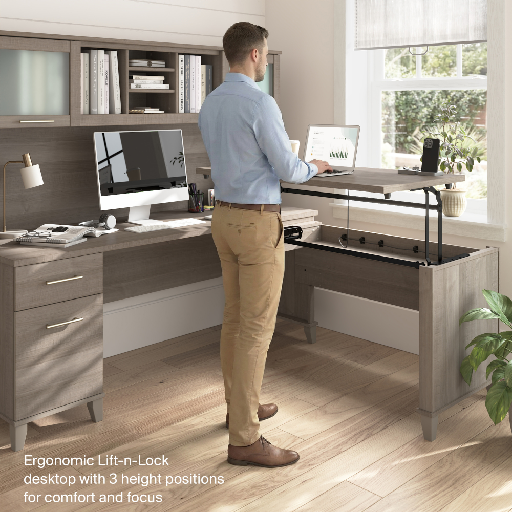 Shop Bush Home Somerset 72W L-Shaped Sit to Stand Desk with Hutch, Image 03, SET015AG, #color_ash gray
