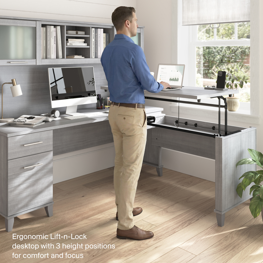 Shop Bush Home Somerset 72W L-Shaped Sit to Stand Desk with Hutch, Image 03, SET015PG, #color_platinum gray