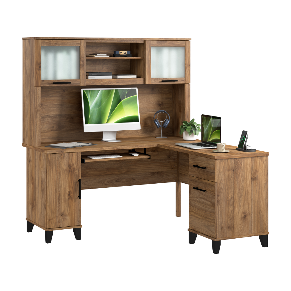 Shop Bush Home Somerset 60W L Shaped Desk with Hutch, Image 02, SET002FW, #color_fresh walnut