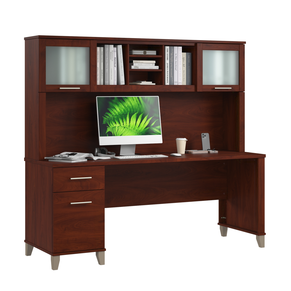 Shop Bush Home Somerset 72W Office Desk with Drawers and Hutch, Image 02, SET018HC, #color_hansen cherry