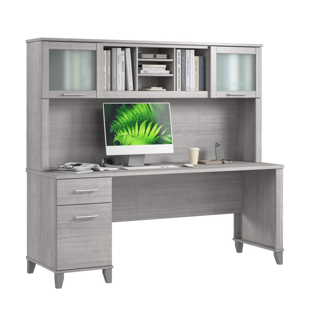 Shop Bush Home Somerset 72W Office Desk with Drawers and Hutch, Image 02, SET018PG, #color_platinum gray
