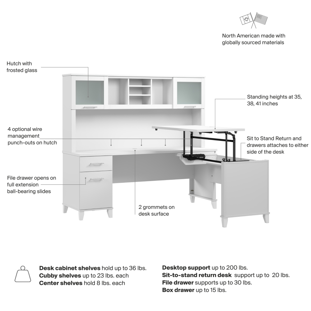 Shop Bush Home Somerset 72W L-Shaped Sit to Stand Desk with Hutch, Image 07, SET015WH, #color_white
