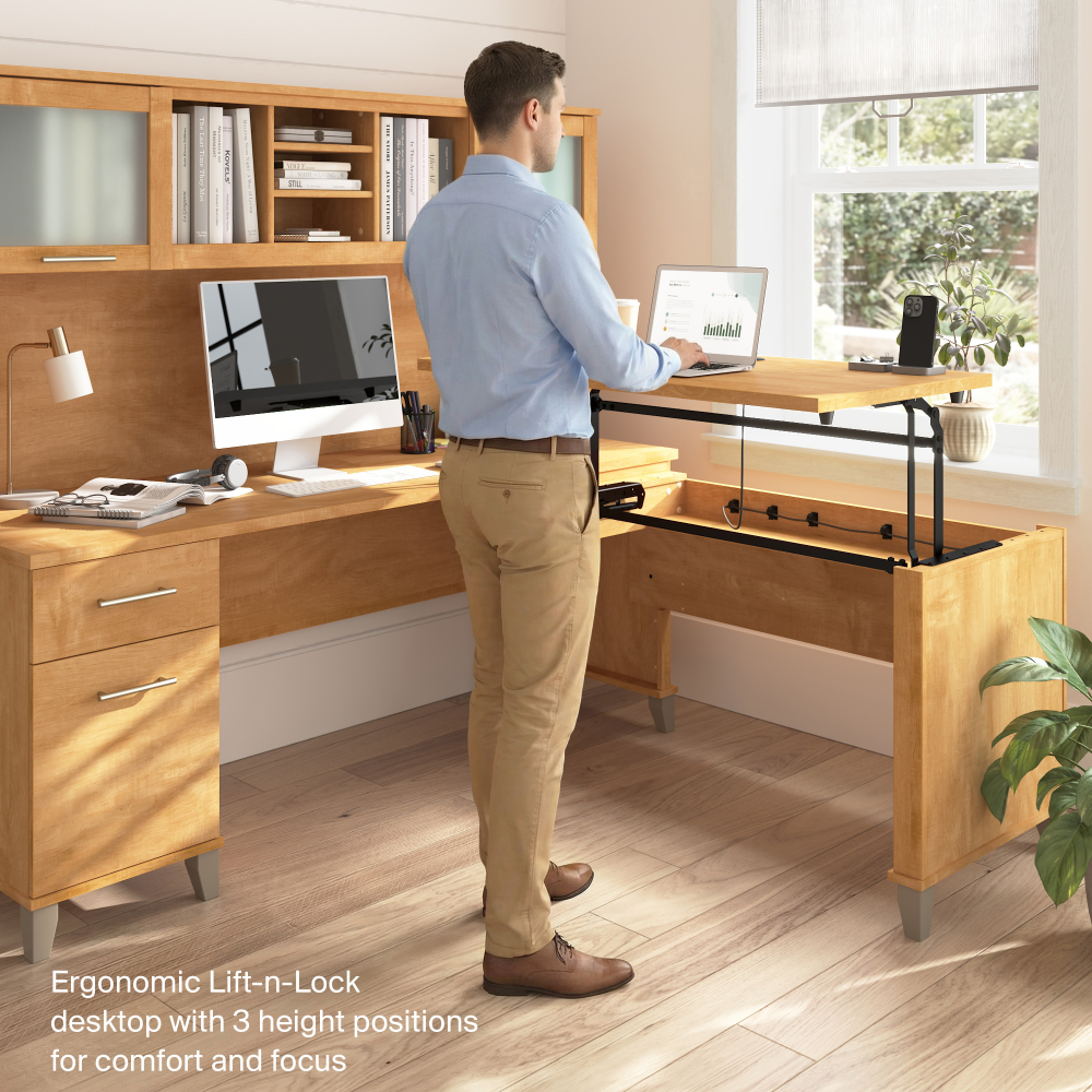 Shop Bush Home Somerset 72W L-Shaped Sit to Stand Desk with Hutch, Image 03, SET015MC, #color_maple cross