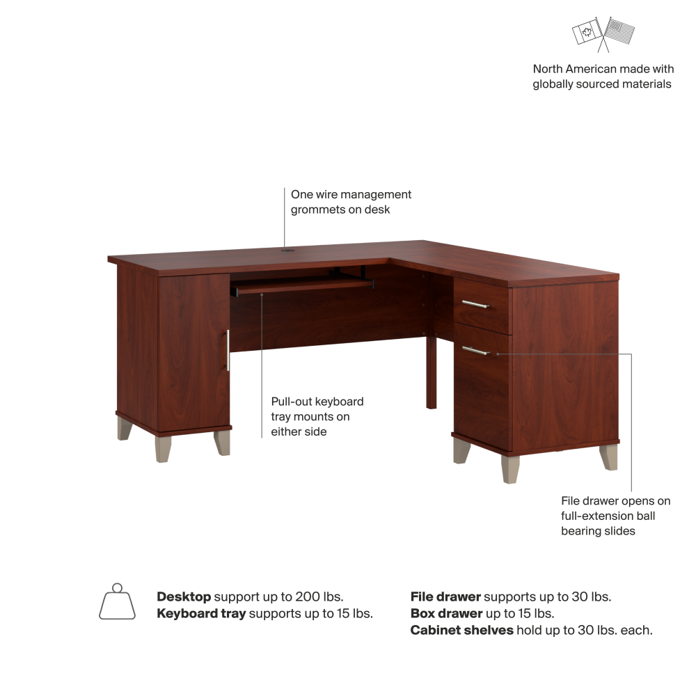 Shop Bush Home Somerset 60W L Shaped Desk with Storage, Image 07, WC81730K, #color_hansen cherry