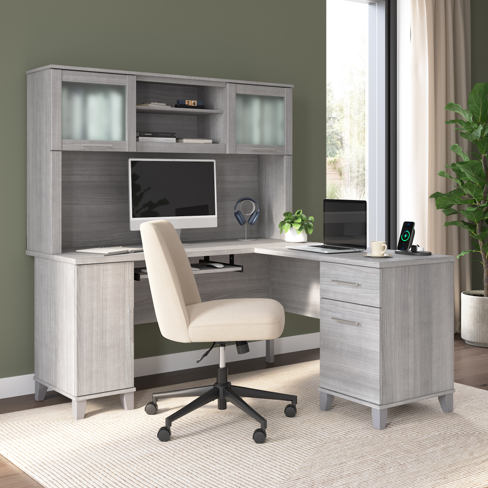 Shop Bush Home Somerset 60W L Shaped Desk with Hutch, Image 01, SET002PG, #color_platinum gray