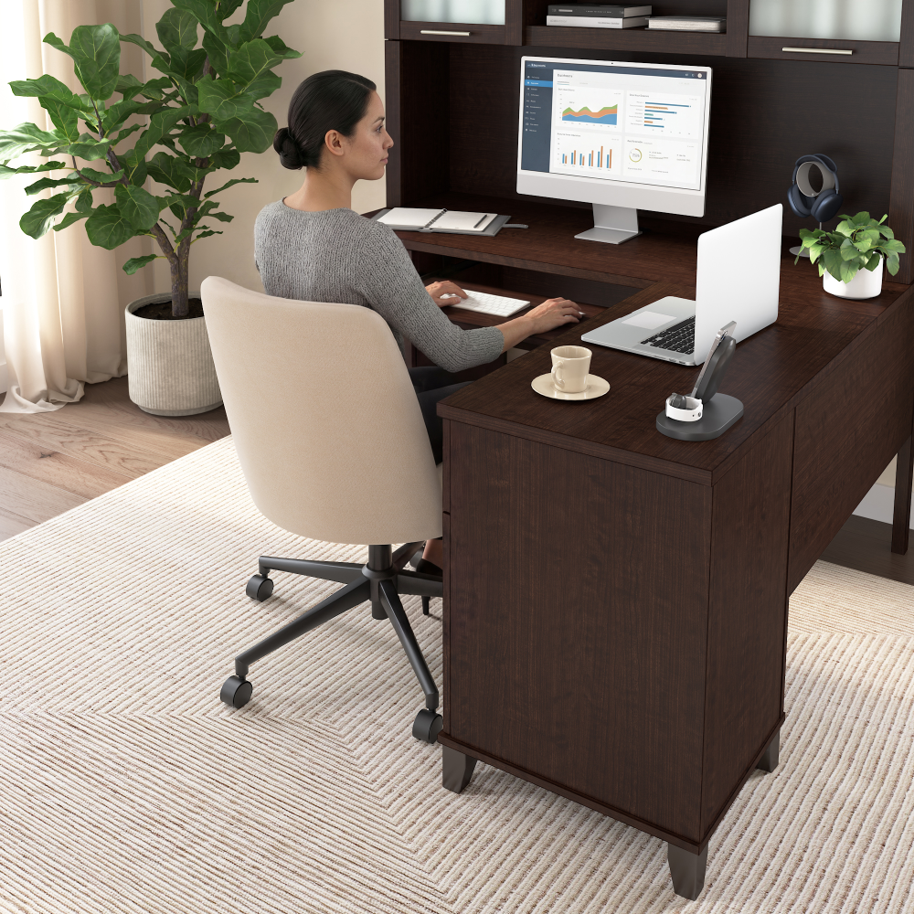 Shop Bush Home Somerset 60W L Shaped Desk with Hutch, Image 03, SET002MR, #color_mocha cherry