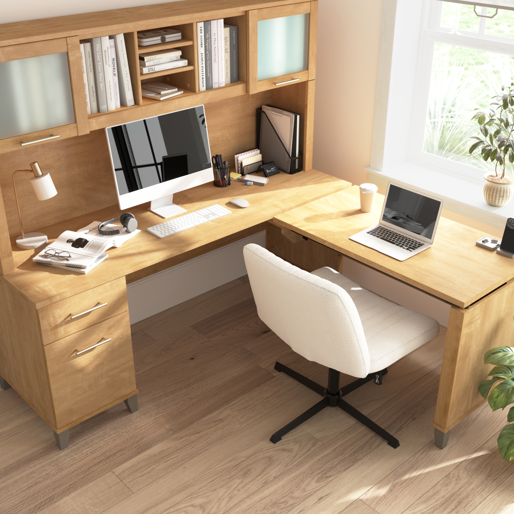 Shop Bush Home Somerset 72W L-Shaped Sit to Stand Desk with Hutch, Image 06, SET015MC, #color_maple cross