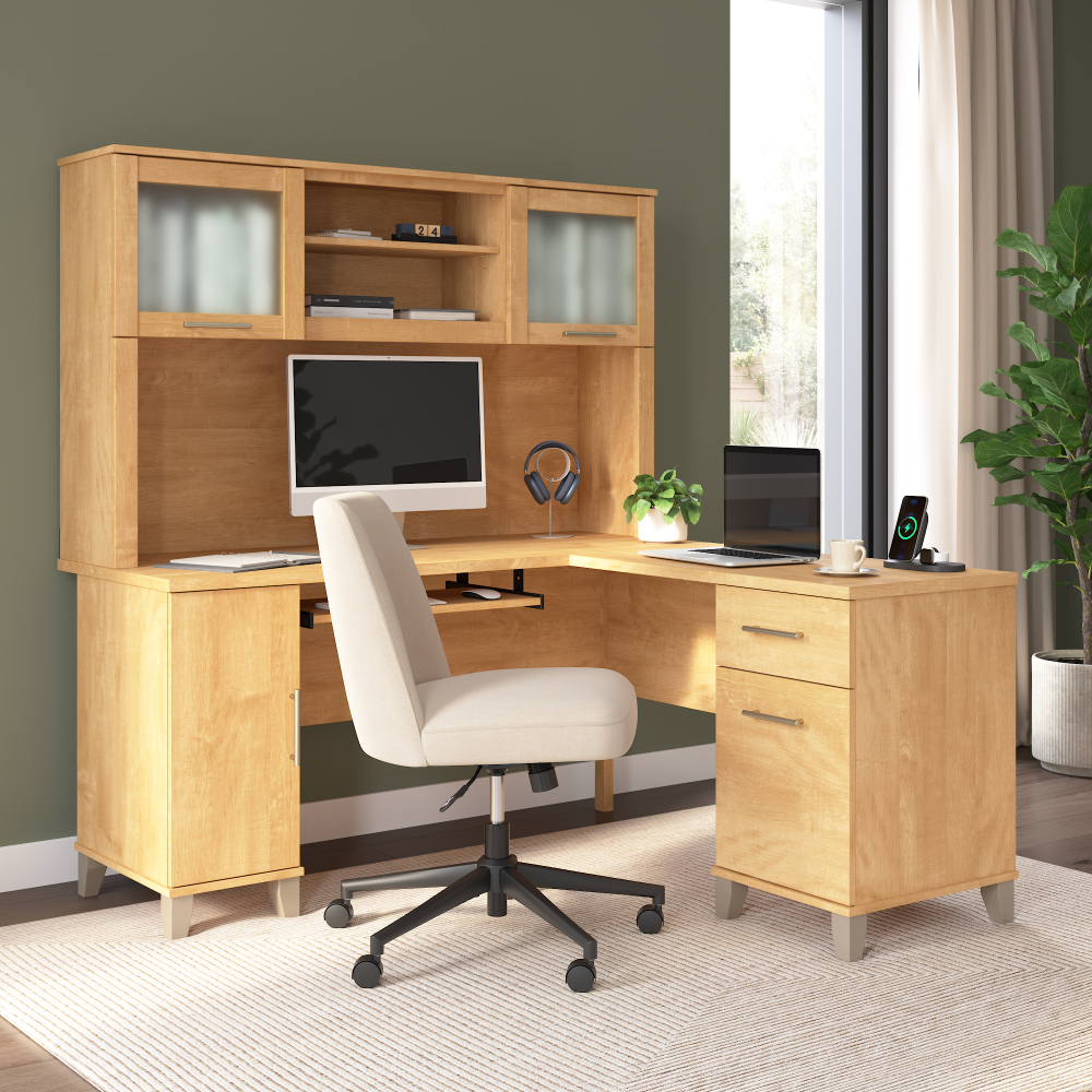 Shop Bush Home Somerset 60W L Shaped Desk with Hutch, Image 01, SET002MC, #color_maple cross