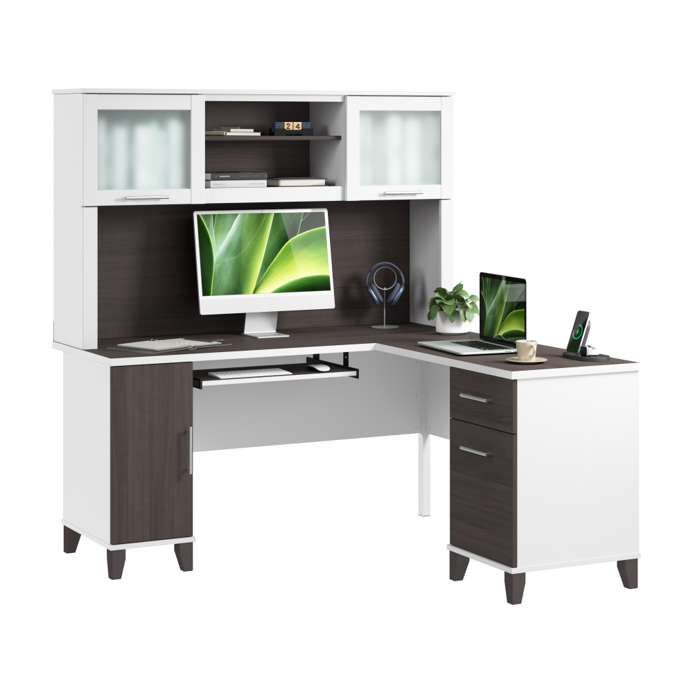 Shop Bush Home Somerset 60W L Shaped Desk with Hutch, Image 02, SET002SGWH, #color_storm gray/white