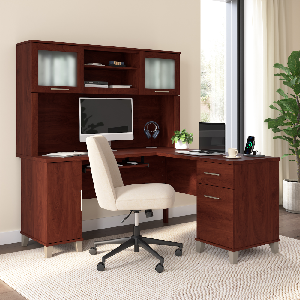 Shop Bush Home Somerset 60W L Shaped Desk with Hutch, Image 01, SET002HC, #color_hansen cherry