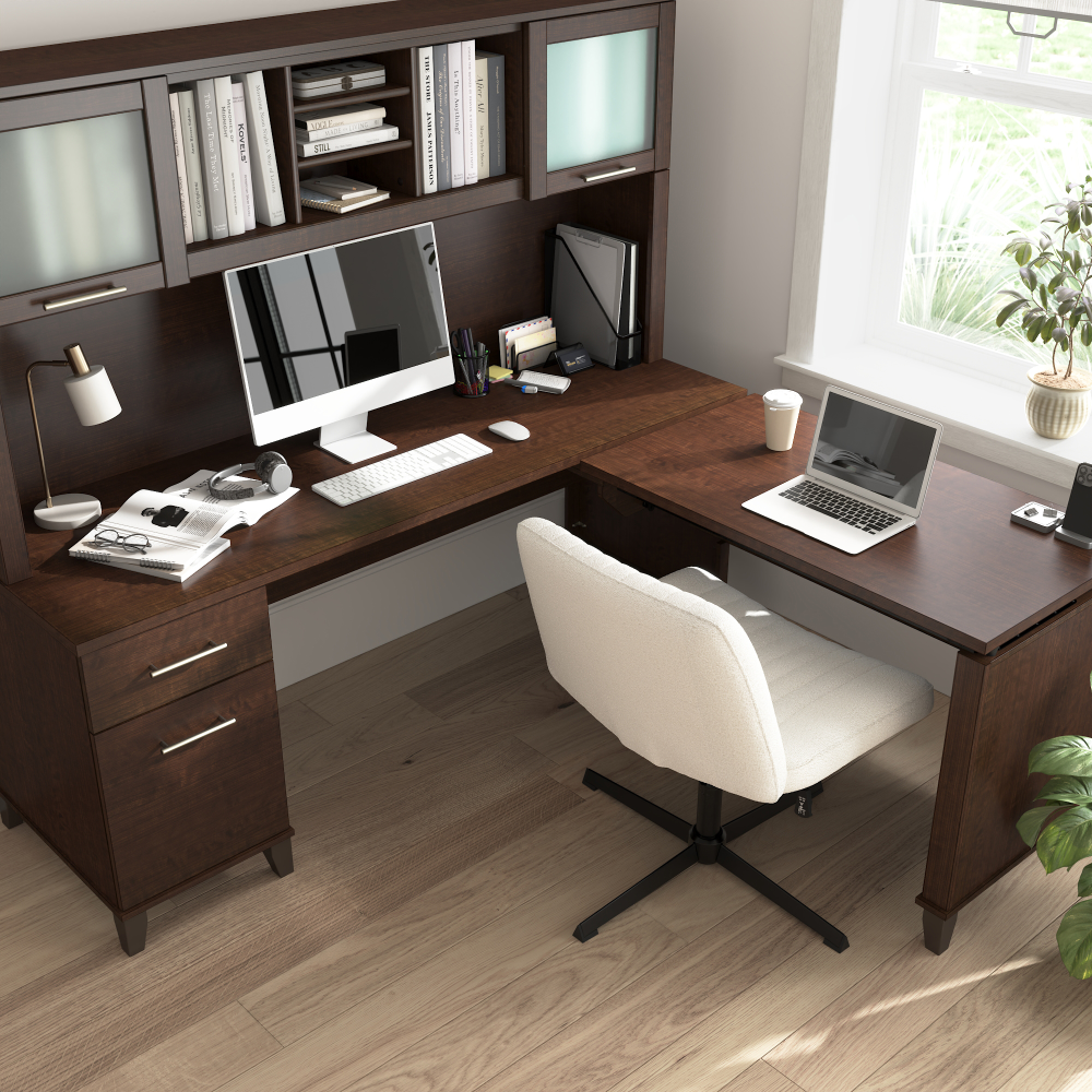 Shop Bush Home Somerset 72W L-Shaped Sit to Stand Desk with Hutch, Image 06, SET015MR, #color_mocha cherry