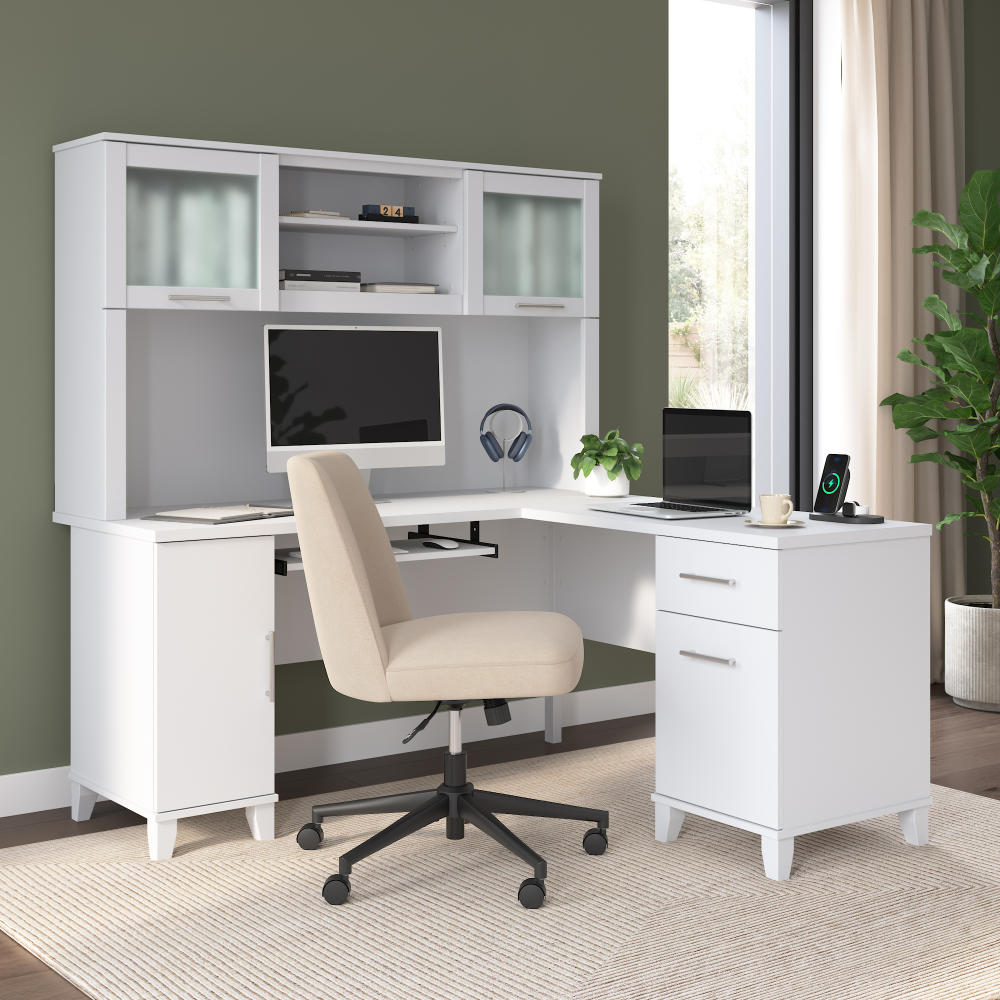 Shop Bush Home Somerset 60W L Shaped Desk with Hutch, Image 01, SET002WH, #color_white