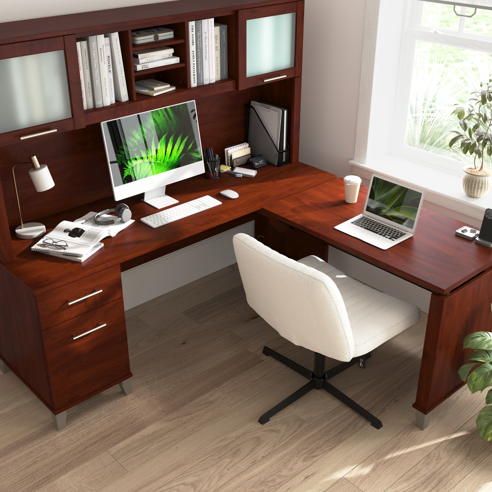 Shop Bush Home Somerset 72W L-Shaped Sit to Stand Desk with Hutch, Image 06, SET015HC, #color_hansen cherry