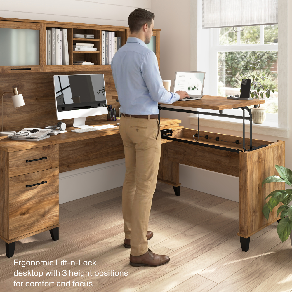 Shop Bush Home Somerset 72W L-Shaped Sit to Stand Desk with Hutch, Image 03, SET015FW, #color_fresh walnut
