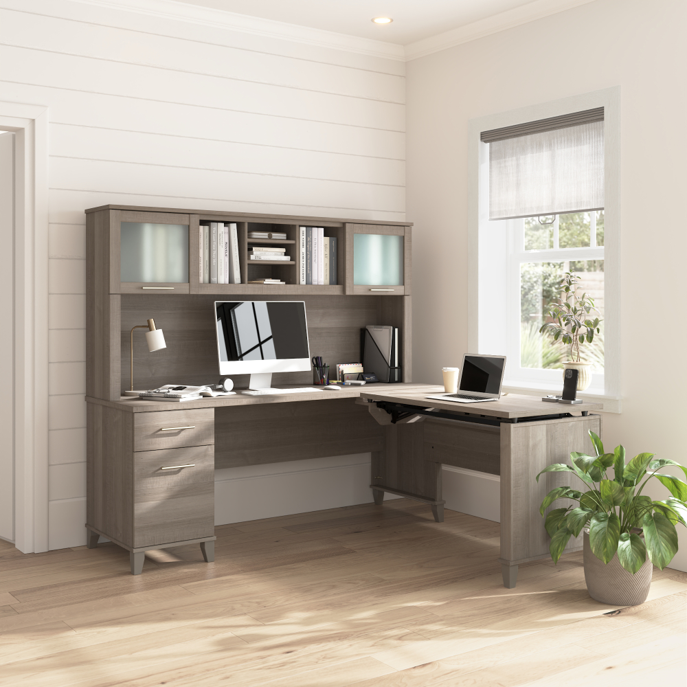 Shop Bush Home Somerset 72W L-Shaped Sit to Stand Desk with Hutch, Image 01, SET015AG, #color_ash gray