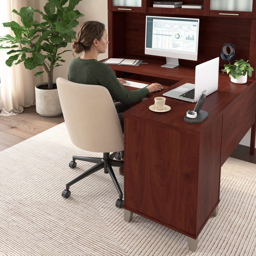 Shop Bush Home Somerset 60W L Shaped Desk with Hutch, Image 03, SET002HC, #color_hansen cherry