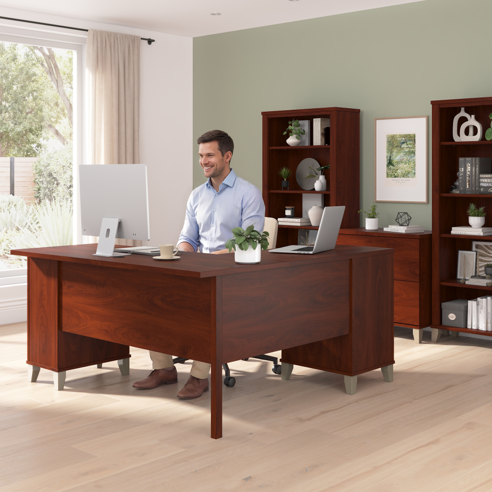 Shop Bush Home Somerset 60W L Shaped Desk with Storage, Image 03, WC81730K, #color_hansen cherry