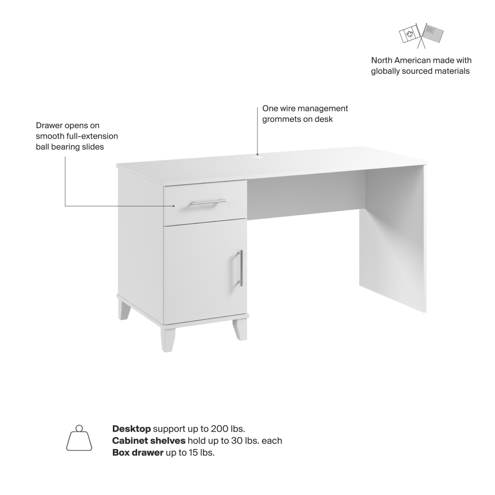 Shop Bush Home Somerset 54W Office Desk with Drawer and Storage Cabinet, Image 07, WC81954, #color_white