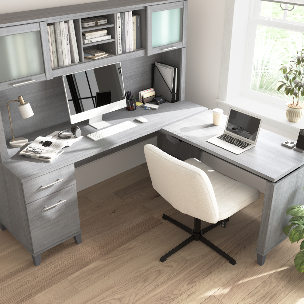 Shop Bush Home Somerset 72W L-Shaped Sit to Stand Desk with Hutch, Image 06, SET015PG, #color_platinum gray