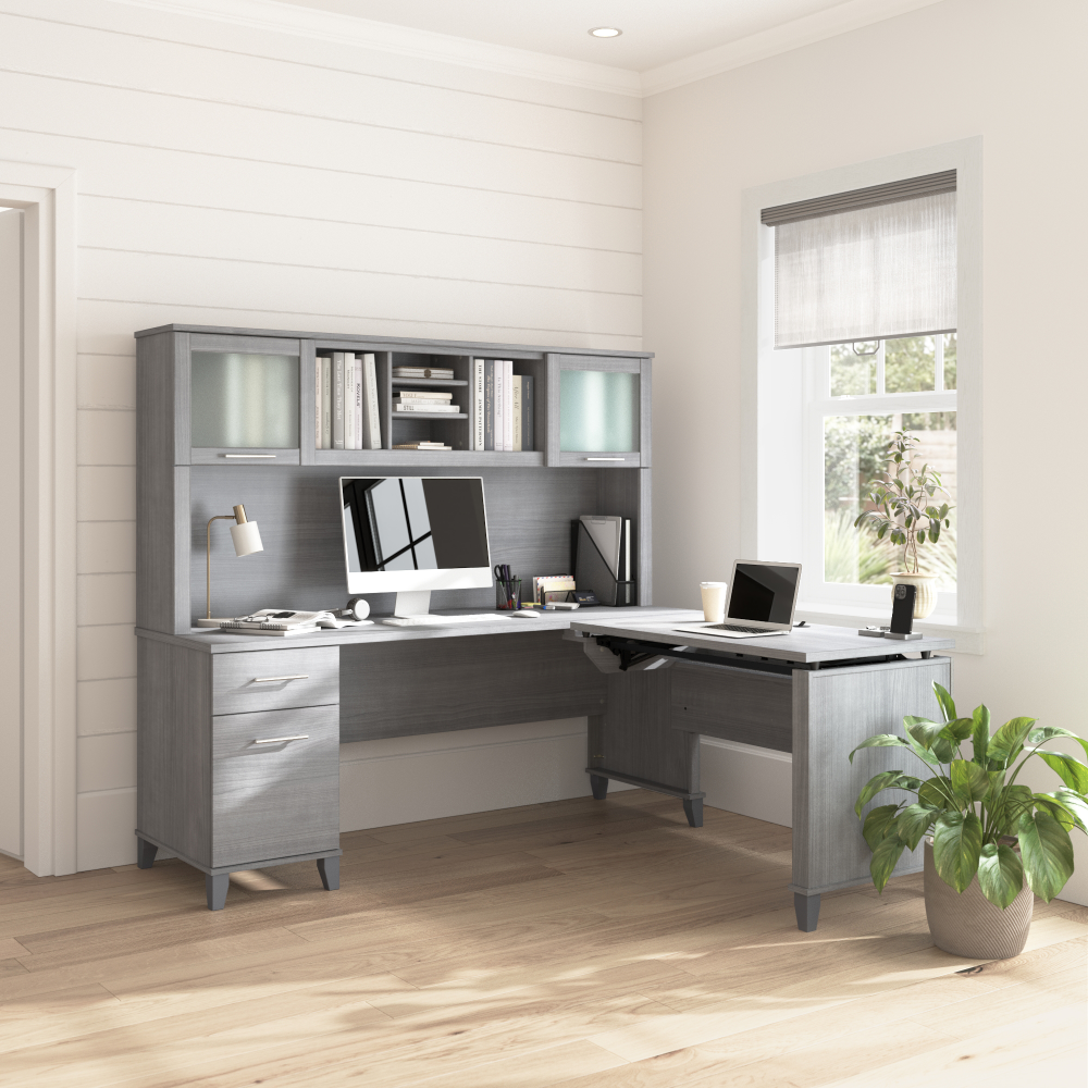 Shop Bush Home Somerset 72W L-Shaped Sit to Stand Desk with Hutch, Image 01, SET015PG, #color_platinum gray