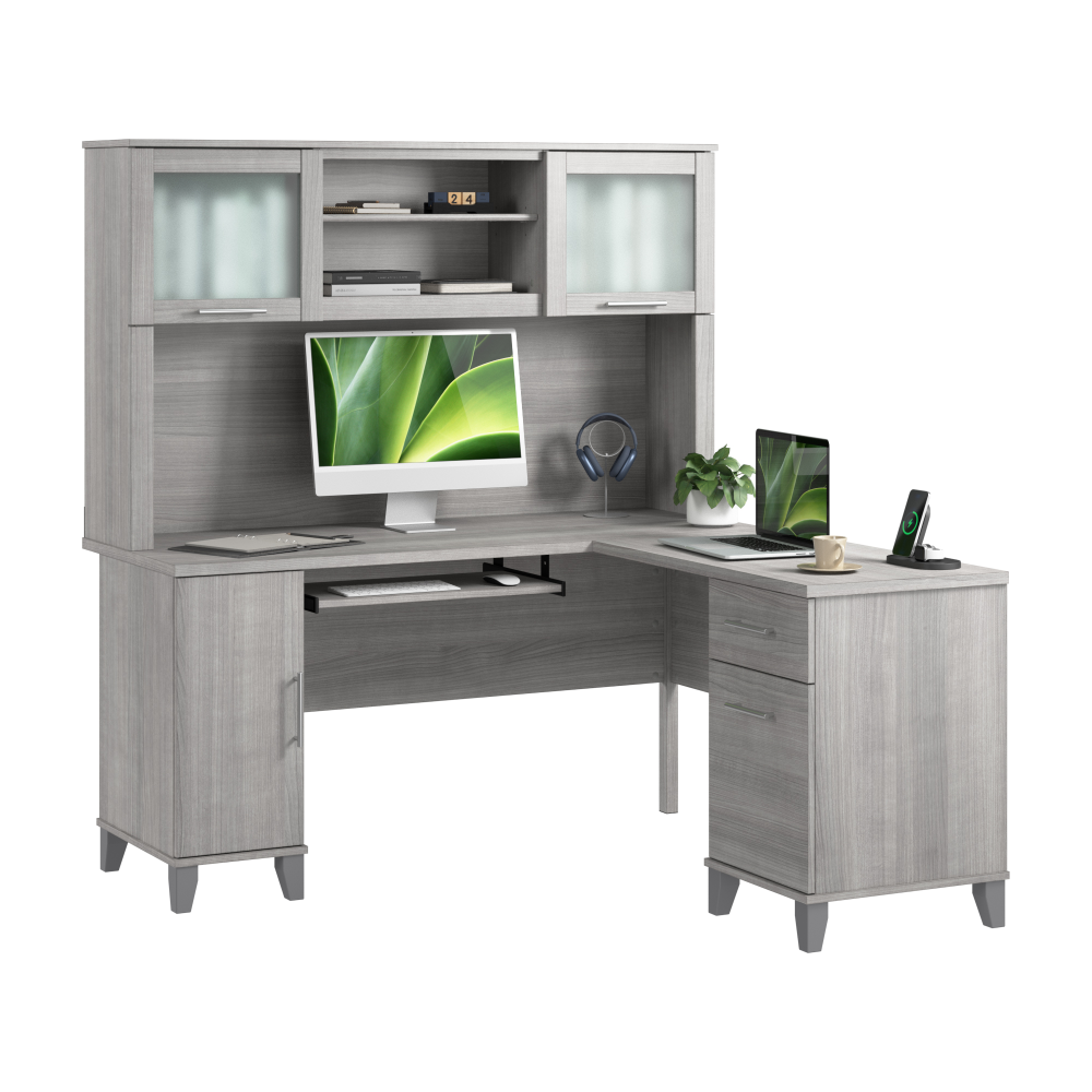 Shop Bush Home Somerset 60W L Shaped Desk with Hutch, Image 02, SET002PG, #color_platinum gray