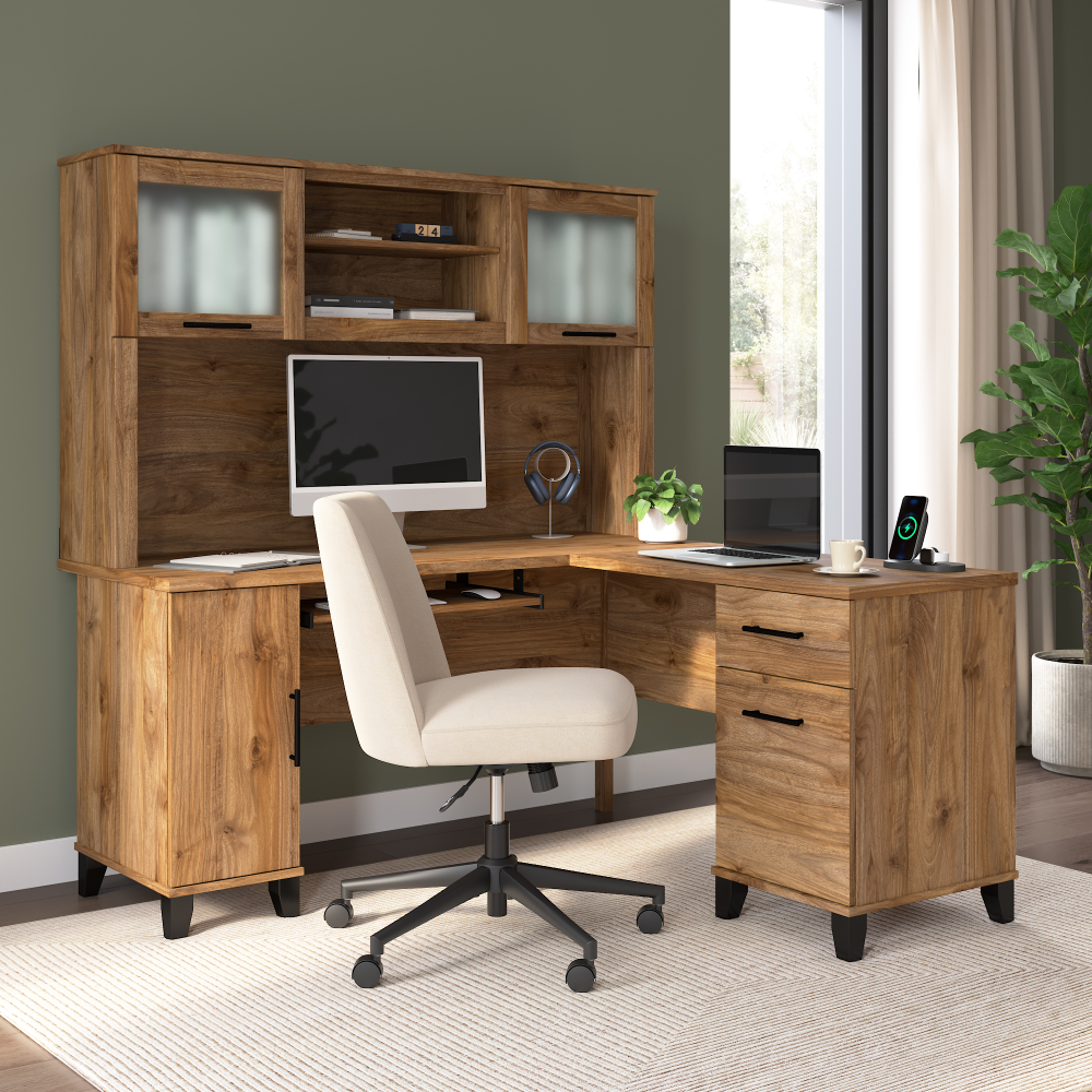Shop Bush Home Somerset 60W L Shaped Desk with Hutch, Image 01, SET002FW, #color_fresh walnut